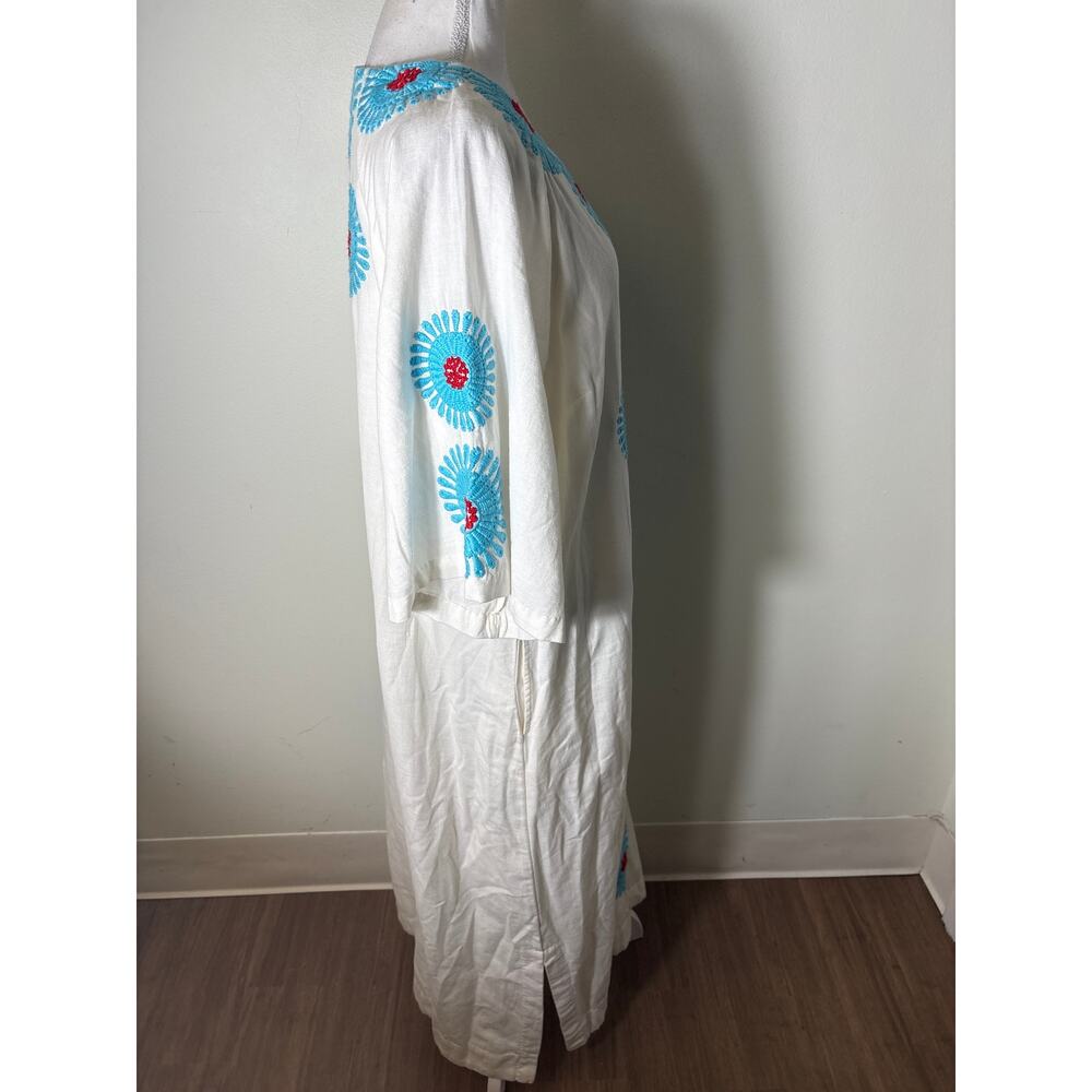 Frances Valentine White Teal and Red Linen Half Sleeve Maxi Dress Sz XL - Picture 3 of 5